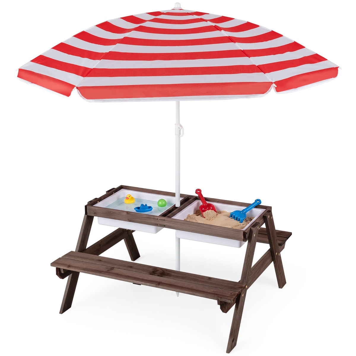 Costway - 3-in-1 Kids Picnic Table Wooden Outdoor Sand & Water Table with Umbrella Play Boxes - Red+White