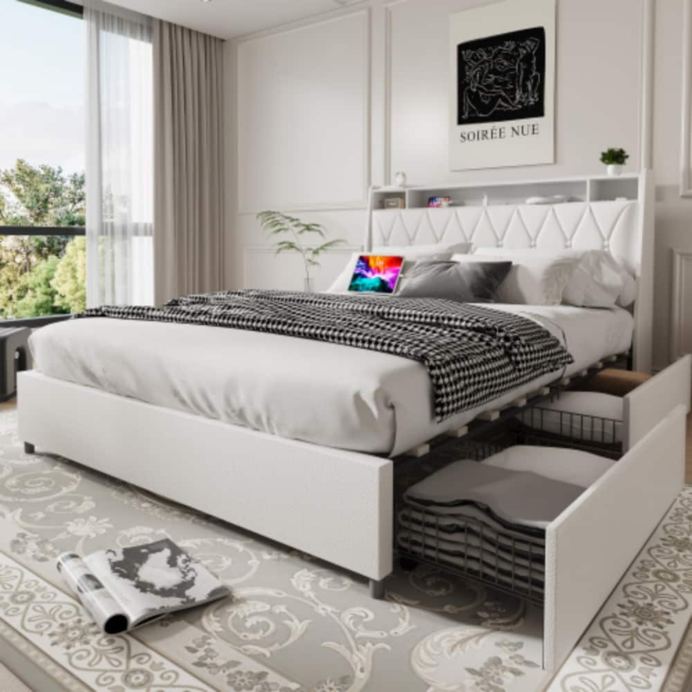 LUCKY ONE - Full Size Platform Bed Frame with Ergonomic Headboard, Outlets, USB Charger, Storage Shelf, Noise-Free - White