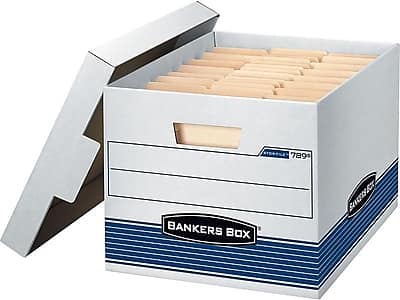 Bankers Box - Stor/File Medium-Duty FastFold File Storage Boxes, Lift-Off Lid, Letter/Legal Size/Blue, 4/Carton - White and Blue