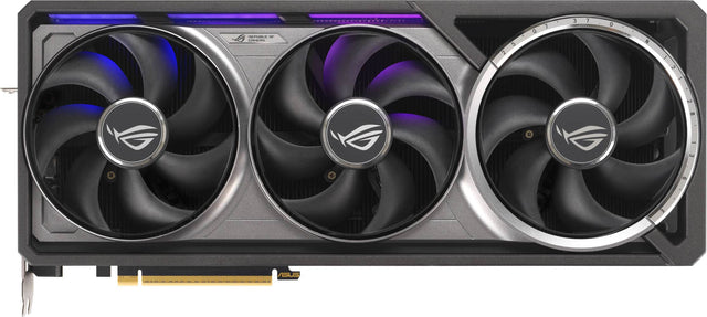The image features a close-up of a computer component, specifically a graphics card, with a purple and black color scheme. The card is made by ASUS, a well-known computer hardware manufacturer. The card has a total of seven fans, which are essential for cooling the device and maintaining optimal performance. The fans are arranged in a way that ensures proper airflow and efficient heat dissipation.