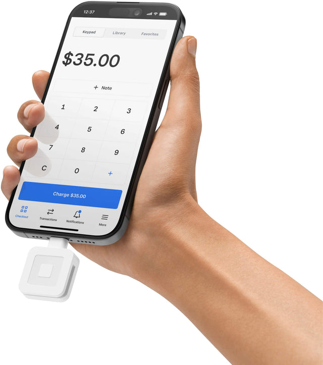 The text on the image reads: "12:37 Koypad Library Favorites $35.00 + Note 1 2 3 4 5 6 7 8 9 0 + Charge $35.00 Checkout Transactions Notifications More."