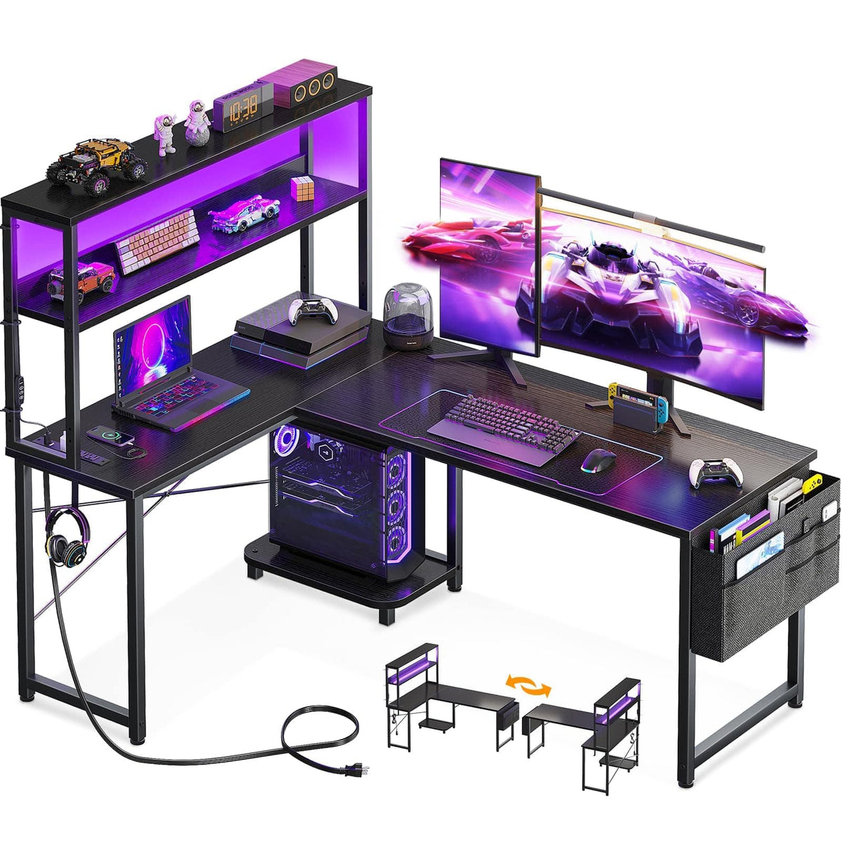 AODK - Reversible L-Shaped Gaming Desk with LED Light, Power Outlet, Shelf, Storage Bag and Hook - Black
