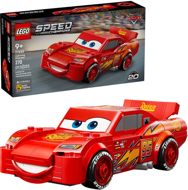 LEGO SPEED Champions  
9+  
77255 Lightning McQueen  
270 pcs/pzs  
Building Toy / Jouet de construction / Juego para Construir  
1-2 Builders  
Build Together  
with our LEGO Builder App  
Disney PIXAR Cars  
Rust-eze  
95  
LIGHTYEAR  
20