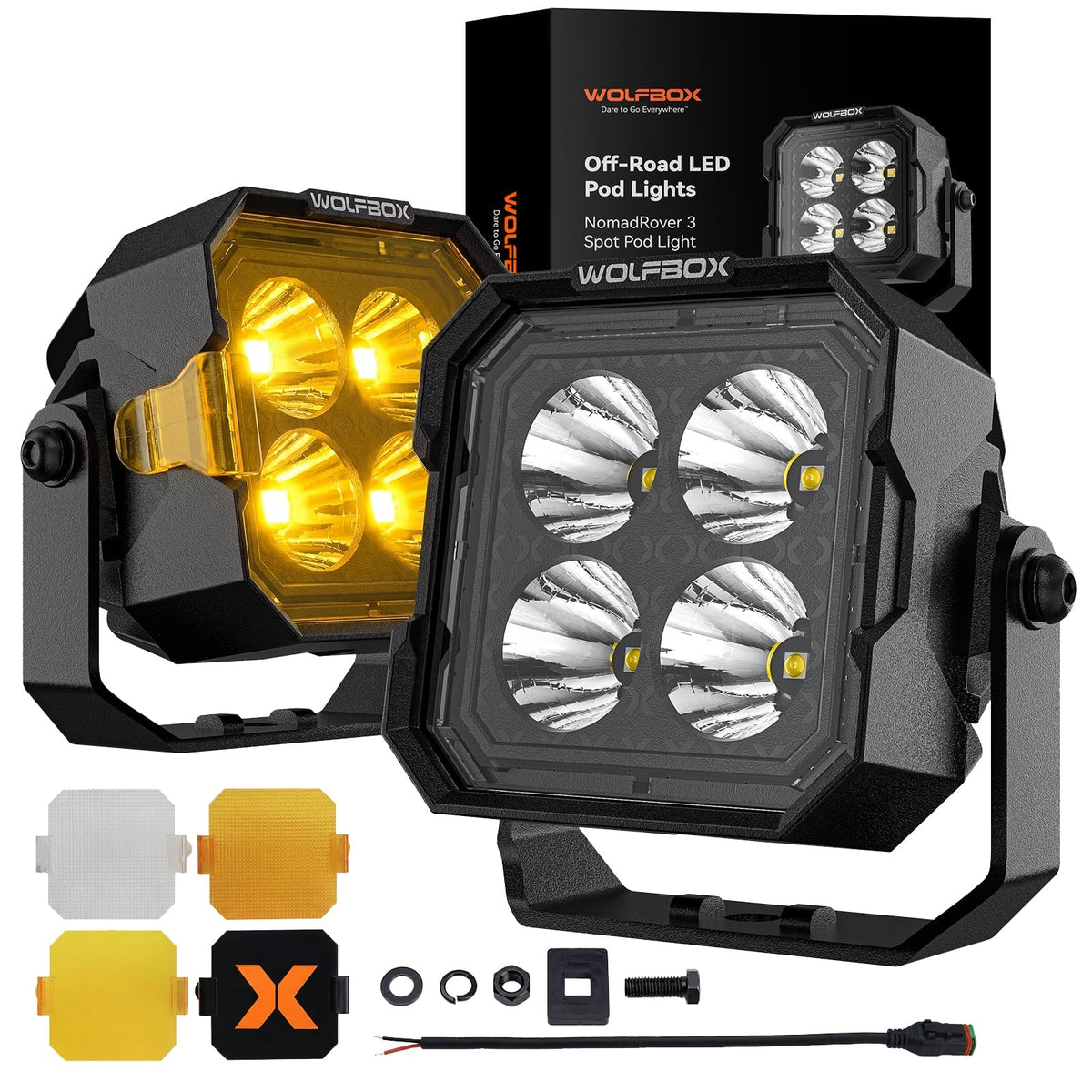 WOLFBOX - 3-Inch LED Pods - Ture 42W 4890 Lumens Off Road Ditch Lights, IP69K Off Road Ditch Lights with 4 Tactical Cover - Black