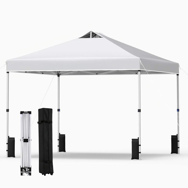 Front. Gymax - Gymax 10x10 FT Pop up Canopy Tent Wheeled Carry Bag 4 Canopy Sand Bag White - White.