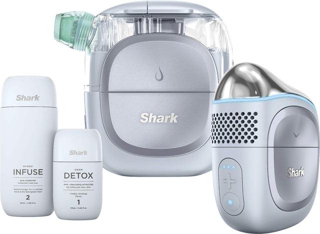 Shark HYDRO INFUSE  
BHA HYDRATOR  
Supercharges for a Lasting Glow & Re-Energized Skin  
2  
80mL | 2.66 fl oz  

Shark DERMOX  
AHA + BHA EXFOLIATING GEL  
Visibly Unclogs Pores  
1  
20mL | 0.66 fl oz  

Shark