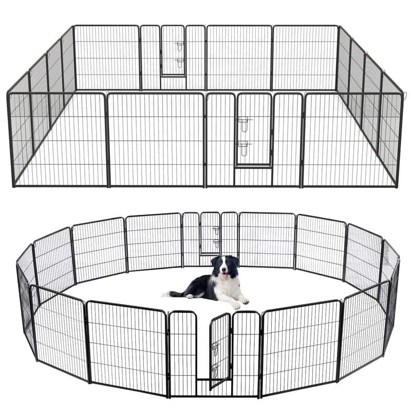 WELLFOR - 16-Panel 32" Height Heavy Duty Dog Playpen with Lock and Large Door , Metal Pet Fence for Indoor/Outdoor Use - Black