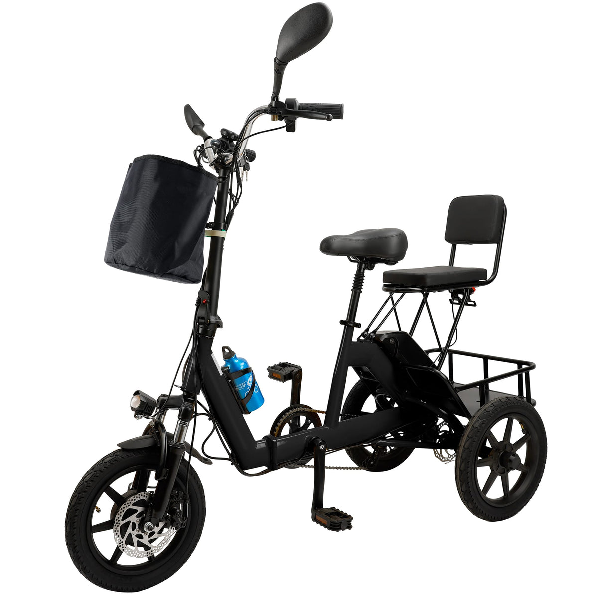 Topteng - 350W 48V Folding Electric Tricycle,3 Modes&3-Speed Trike with Basket,28 to 43 miles range,13MPH,3-Wheel E-Bike for Adult - Black