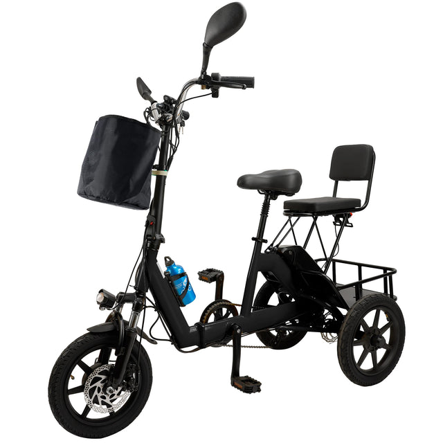 Front. Topteng - 350W 48V Folding Electric Tricycle,3 Modes&3-Speed Trike with Basket,28 to 43 miles range,13MPH,3-Wheel E-Bike for Adult - Black.