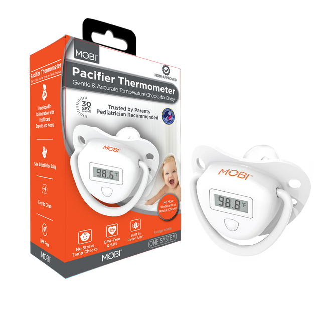 MOBI Pacifier Thermometer - Gentle & Accurate Temperature Checks for Baby

- Developed in Collaboration with Pediatrician Healthcare Experts and Moms
- Trusted by Parents
- Safe & Gentle for Baby
- Easy to Clean
- BPA-Free & Safe
- No Stress Temp Checks
- Built-in Fever Alert System
- ONE SYSTEM

MOBI 98.6°F
MOBI 98.8°F

No More Underarm or Rectal Checks!

MOBI Package Includes