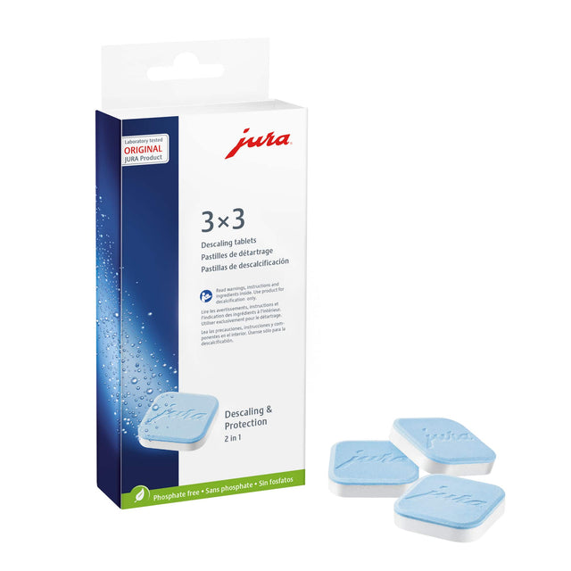 Laboratory tested ORIGINAL JURA Product

3x3 Descaling tablets
Pastilles de détarage
Pastillas de descalcificación

Read warnings, Use product for decalcification only
Lisez les avertissements, instructions et indications des ingrédients pour le détarage exclusivement
Leer las precauciones, instrucciones y componen del interior para el descalcificado

Descaling & Protection 2 in 1
Phosphate free • Sans phosphate • Sin fosfatos