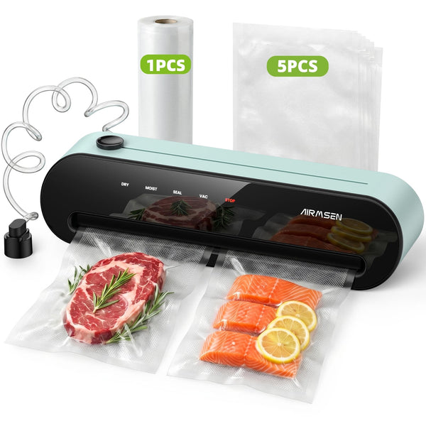 AIRMSEN - 5-In-1 Vacuum Sealer & Food Sealer, Ext. Port, Cutter, Pulse Vac, Manual Stop, 1 Roll + 5 Bags - Green