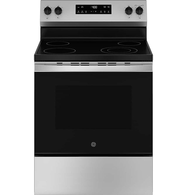 Front. GE - 5.3 Cu. Ft. Freestanding Electric Range with Steam Cleaning and 4 Burner Radiant Cooktop - Stainless Steel/Black.