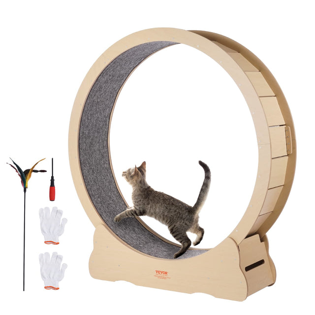 Front. VEVOR - Wooden Cat Exercise Wheel, 52" Large Cat Treadmill Wheel for Indoor Cats, Cat Running Wheel with Detachable Carpet - natural wood color.