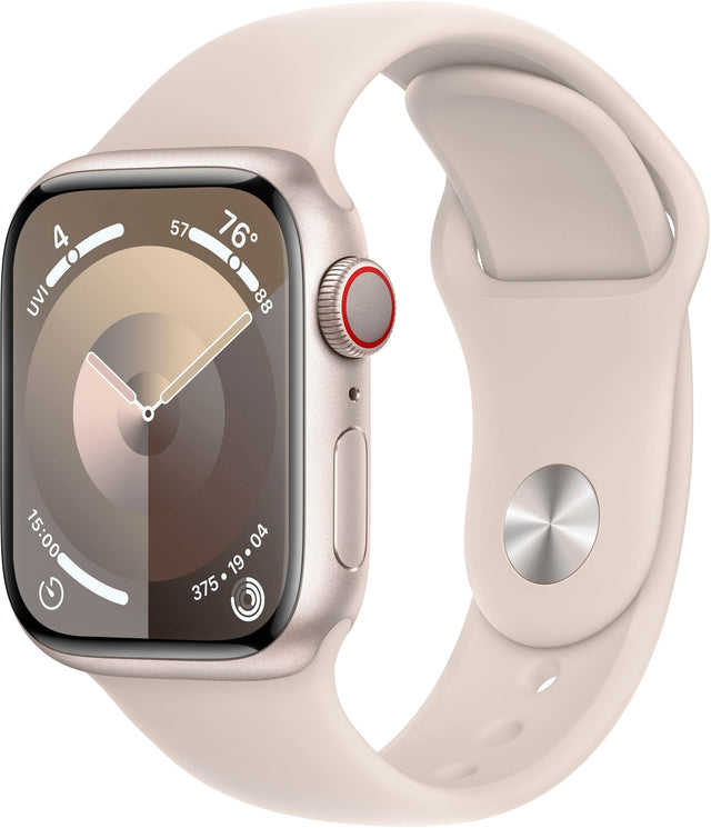 Front. Apple - Apple Watch Series 9 (GPS + Cellular) 41mm Starlight Aluminum Case with Starlight Sport Band with Blood Oxygen - S/M - Starlight.