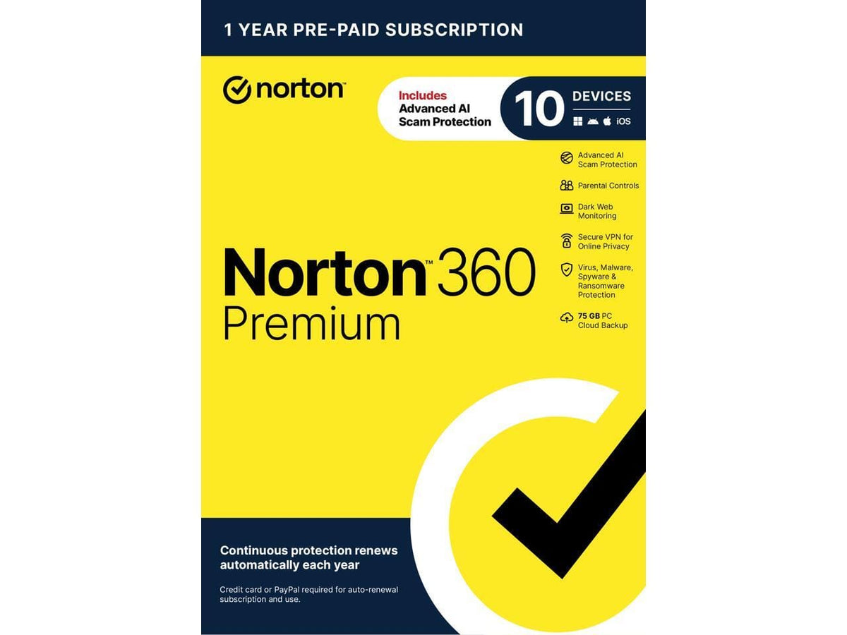 Norton - 360 Premium, 10 Devices, Auto-Renewal. AI Scam Protection, VPN, Dark Web Monitoring & PC Cloud Backup - Key Card - Windows