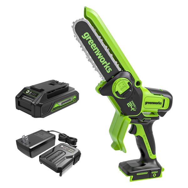 Greenworks - 24V 6” Brushless Cordless Pruner Mini Chainsaw - 2.0Ah Battery and Charger