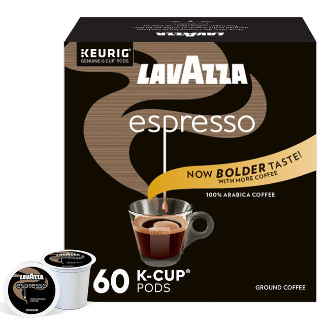 KEURIG GENUINE K-CUP PODS  
LAVAZZA espresso  
NOW BOLDER TASTE!  
WITH MORE COFFEE  
100% ARABICA COFFEE  
60 K-CUP PODS  
GROUND COFFEE