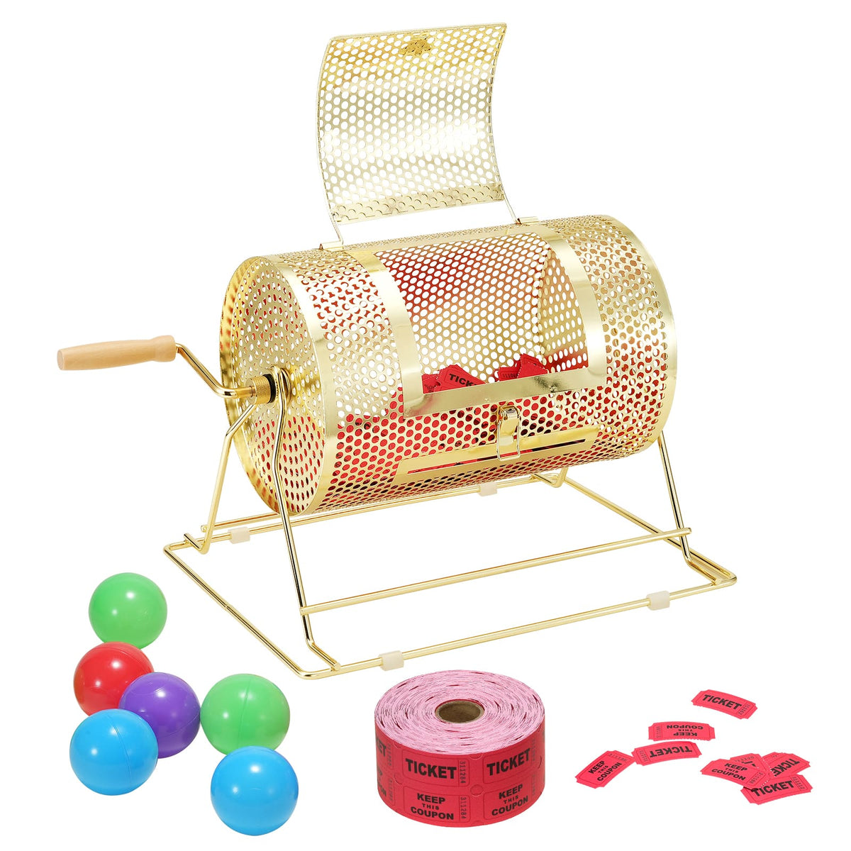 VEVOR - Raffle Drum,Holds 2500 Tickets or 100 Ping Pong Balls, Metal Lottery Spinning Drawing with Wooden Turning Handle - Gold