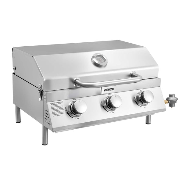 VEVOR - Tabletop Gas Grill, 3-Burner Stainless Steel Portable Propane Grill, with Built-in Thermometer, Travel Locks - Silver
