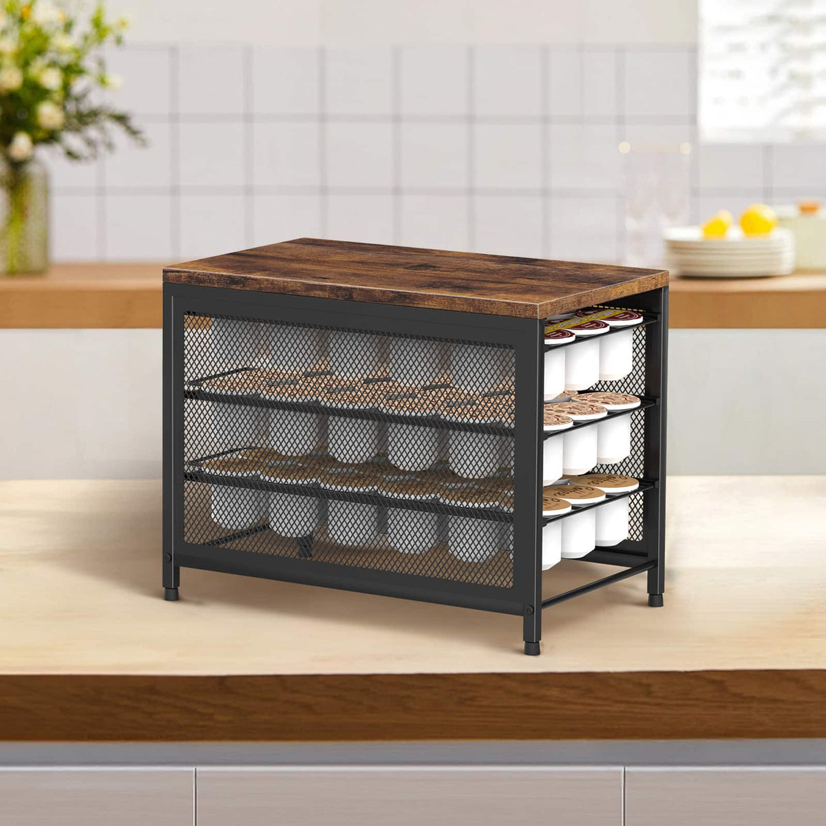 Oumilen - 3-Tier Pull-Out K-Cup Storage Drawer with Rustic Wood Top