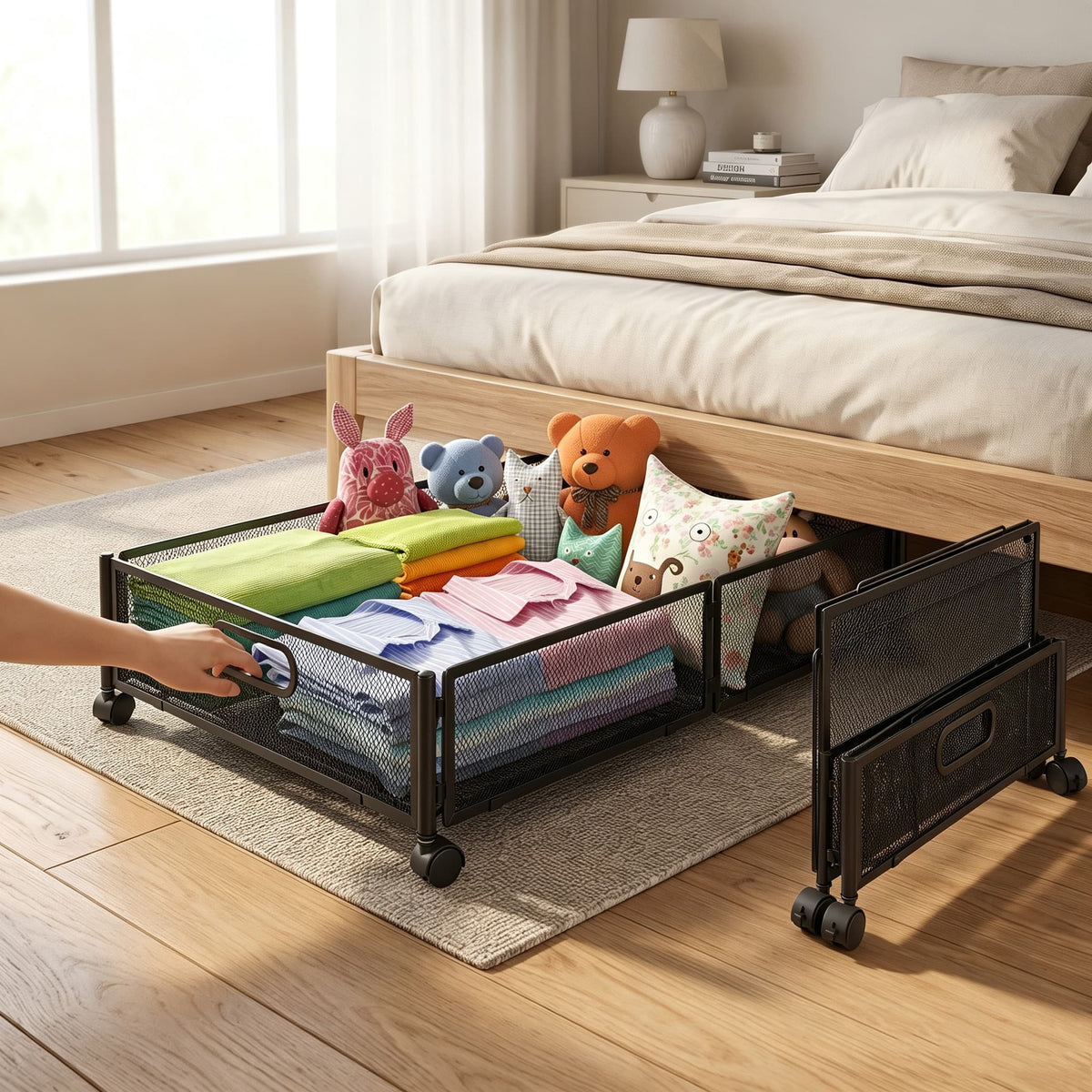Malletson - 2 Packs Under Bed Organizer Drawer for Clothes, Toy, Foldable Containers with Wheels (Metal) - Black