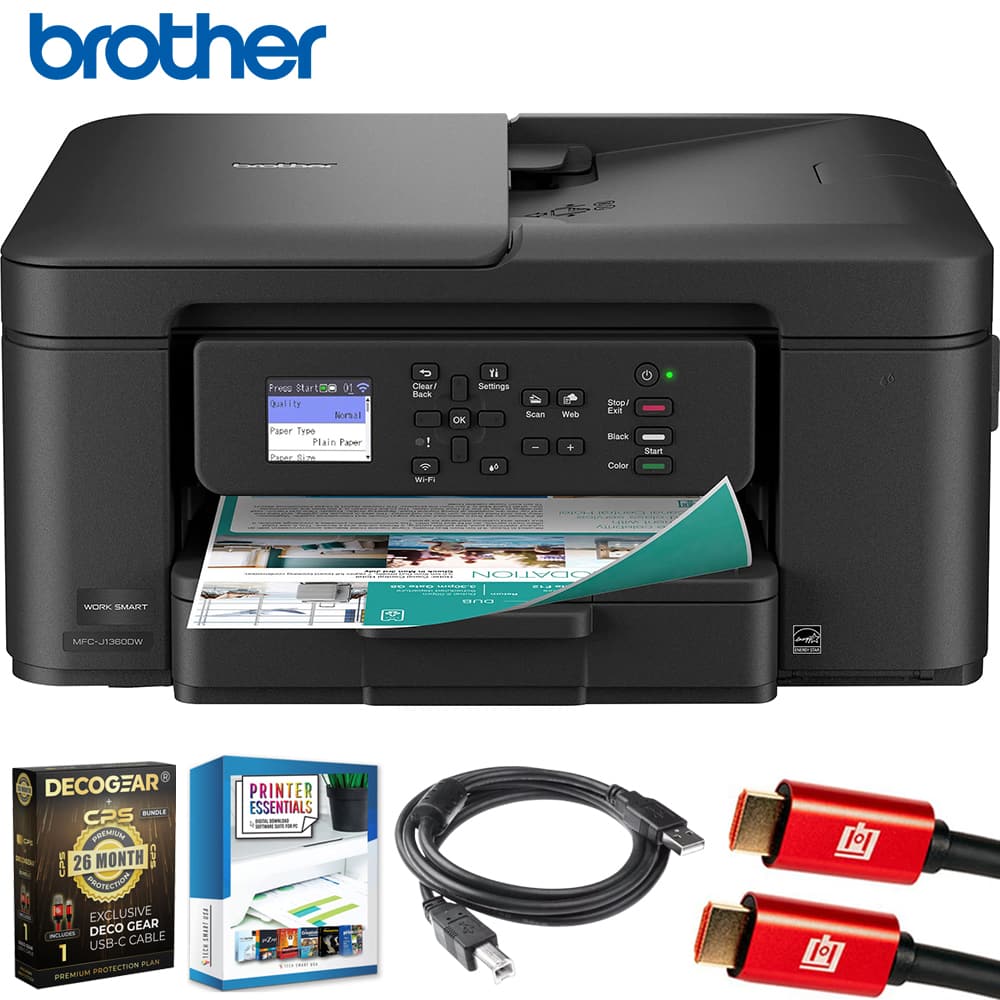 Brother - MFC-J1360DW Wireless All-in-One Color Inkjet Printer Bundle + 26 Month Protection Warranty & Cable Bundle