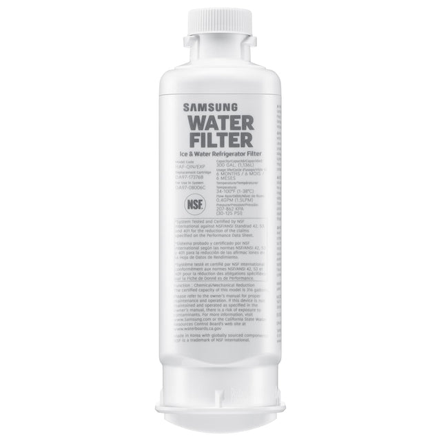 SAMSUNG WATER FILTER Ice & Water Refrigerator Filter - Code Capahy/Capeche/Capecidac HAF-QIN/EXP 100 GAL (1,136L) unage enpnie usege/Vide neptacement Certridoe MONTHS MOIS DA97-173768 A MESES - LIse System remperature/emperature A7-08006C cemperature 34-100F (1-38C) - t/en/Nun de - 0.4GPM (1.5LPM) NSF PSU/TYESSIA/TYN 207-862 PA 00-125 PSO System fested and Certified by NSF ternational against NSEVANSI standrad 42 14 and 401 for the reduction of the claims specified OF the Performance Oata Sheet sistema prob