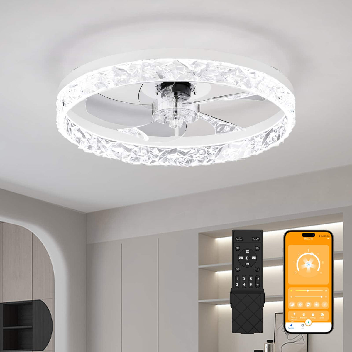 Loheer - Ceiling Fan with Lights 19.7 Inch White Flush Mount LED Ceiling Fan with Remote and App Control 6 Speeds