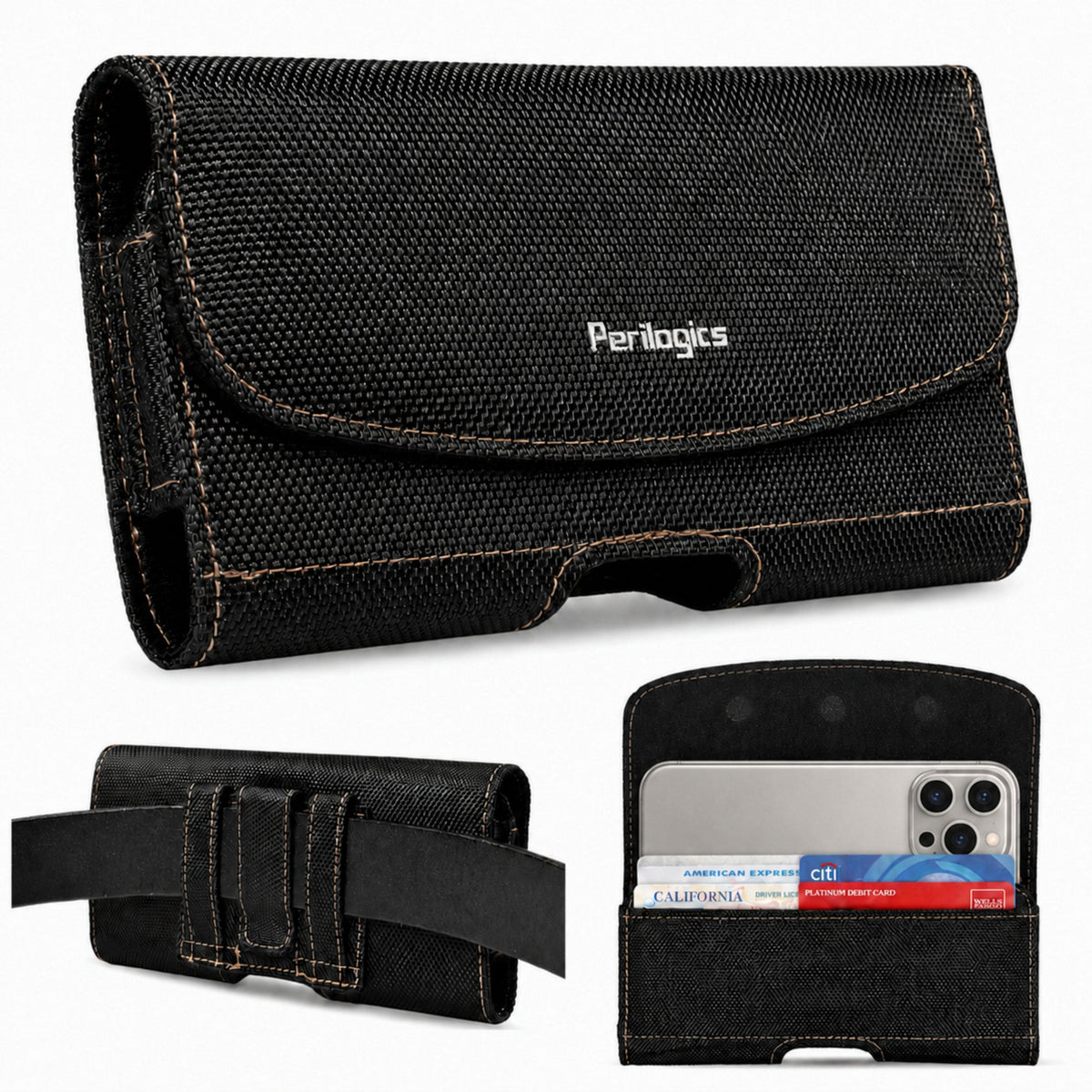 Perilogics - Universal Phone Holster – Durable Nylon Belt Clip Pouch with Magnetic Closure for Large Smartphones with Slim Cases - Black