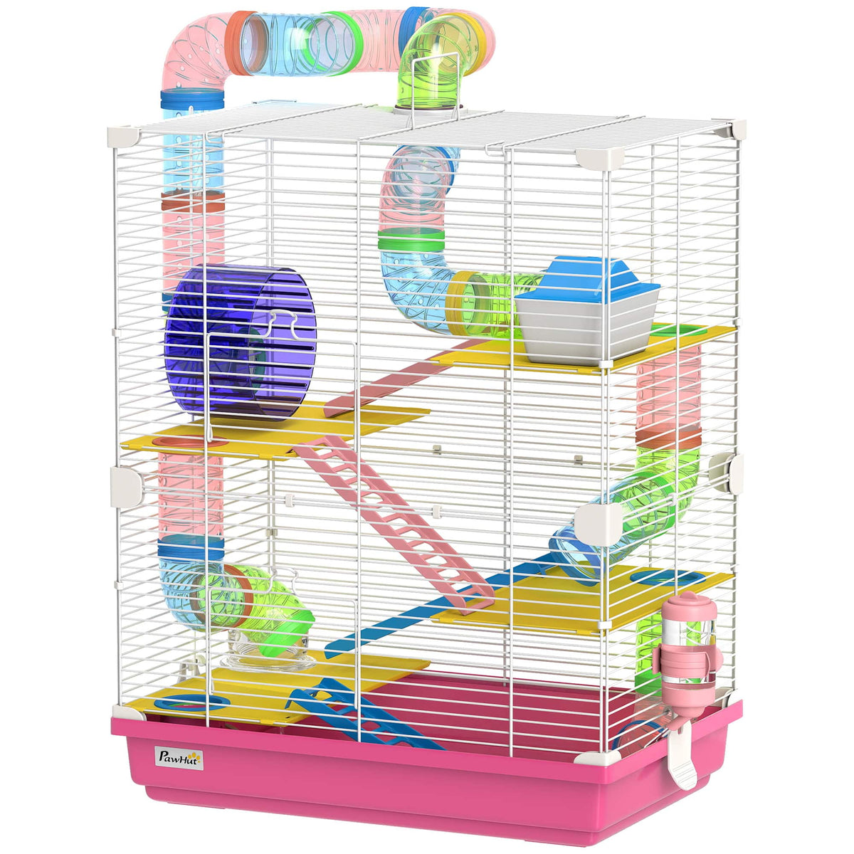 Pawhut - Tiers Hamster Cage Portable Animal Travel Carrier w/ Exercise Wheels Tube - Pink