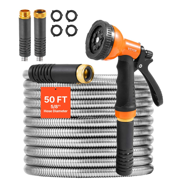 VEVOR - Metal Garden Hose 50 ft, Rust Proof Water Hose, Heavy Duty Backyard Hose with 10 Function Nozzle - Stainless Steel