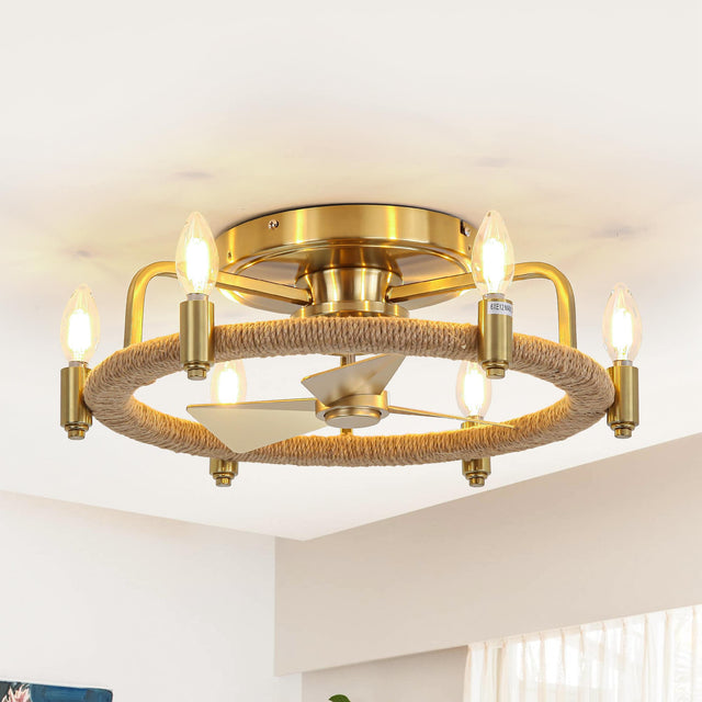 Front. Parrot Uncle - 20" Modern Low Profile Flush Mount Cage Ceiling Fan with Light and Remote Control - Gold.