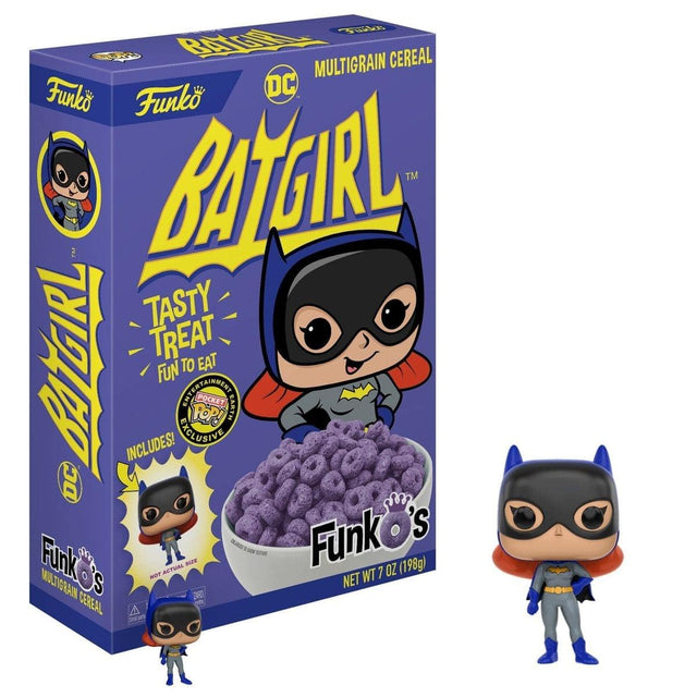 Funko's Multigrain Cereal  
Batgirl  
Tasty Treat  
Fun to Eat  
Includes:  
DC Entertainment Pocket Top!  
Earth Exclusive!  
DC Funko's  
Not Actual Size  
Net WT 7 OZ (198g)