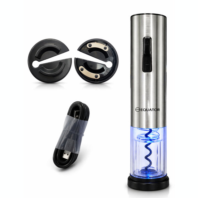 Front. Equator - Equator Electric Wine Opener Cordless w/ Charging Base, Stainless Steel Automatic Corkscrew, LED Light, Foil Cutter - Stainless.
