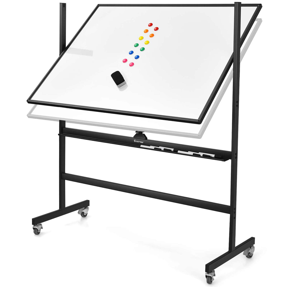 Costway - 48''x36'' Mobile Magnetic Double-Sided Reversible Whiteboard Height Adjust - White+Black
