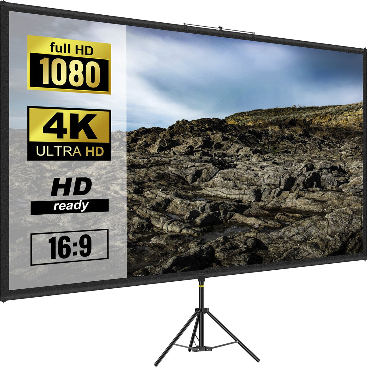 VEVOR - Tripod Projector Screen with Stand 110inch 16:9 4K HD Projection Screen Stand Wrinkle-Free Height Adjustable - Black,White