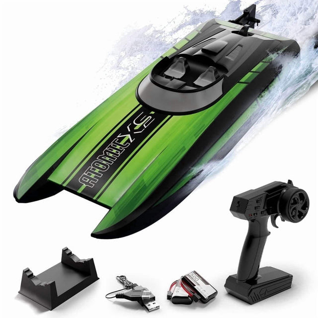 Front. Topteng - Remote Control Boat – Self-Righting, 30mph, Dual Batteries, 20 Min Run, 100m Range, ABS, Fit for Pool, Lake & Racing - Green.
