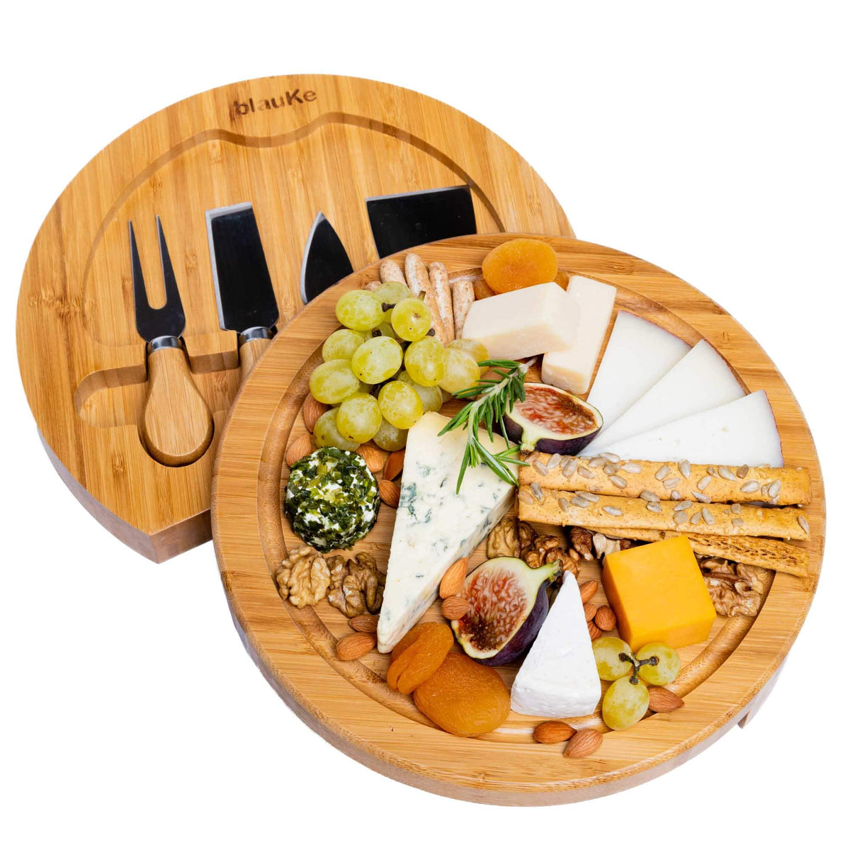 BlauKe - Bamboo Cheese Board and Knife Set - 10-Inch Charcuterie Board with Slide-Out Drawer and Cheese Knives - Perfect Gift - Beige