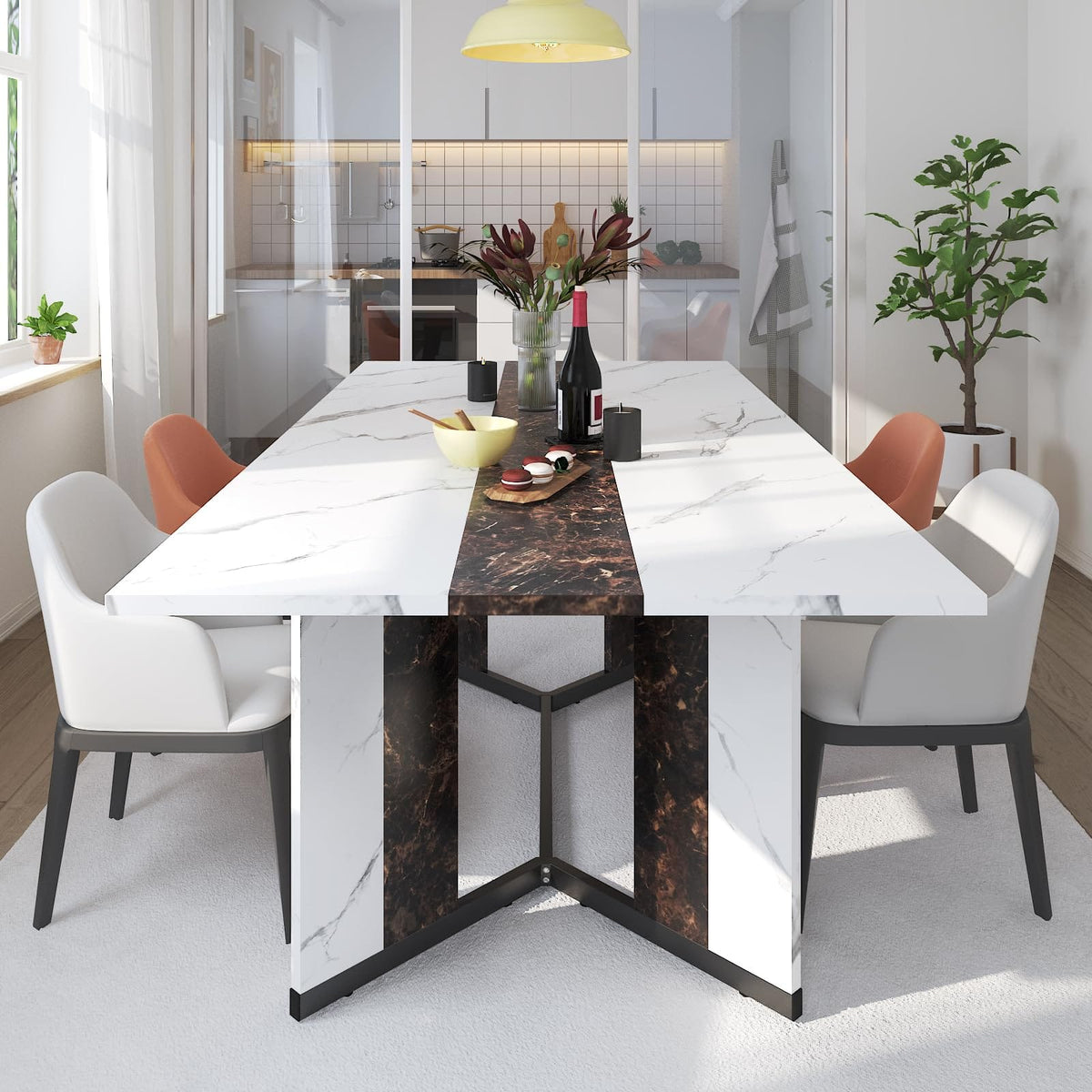 Lent Glitter Wood - 71 Inch Modern Farmhouse Dining Table for 6 Waterproof Wood Top Adjustable Legs Metal Frame Kitchen Living Room - White