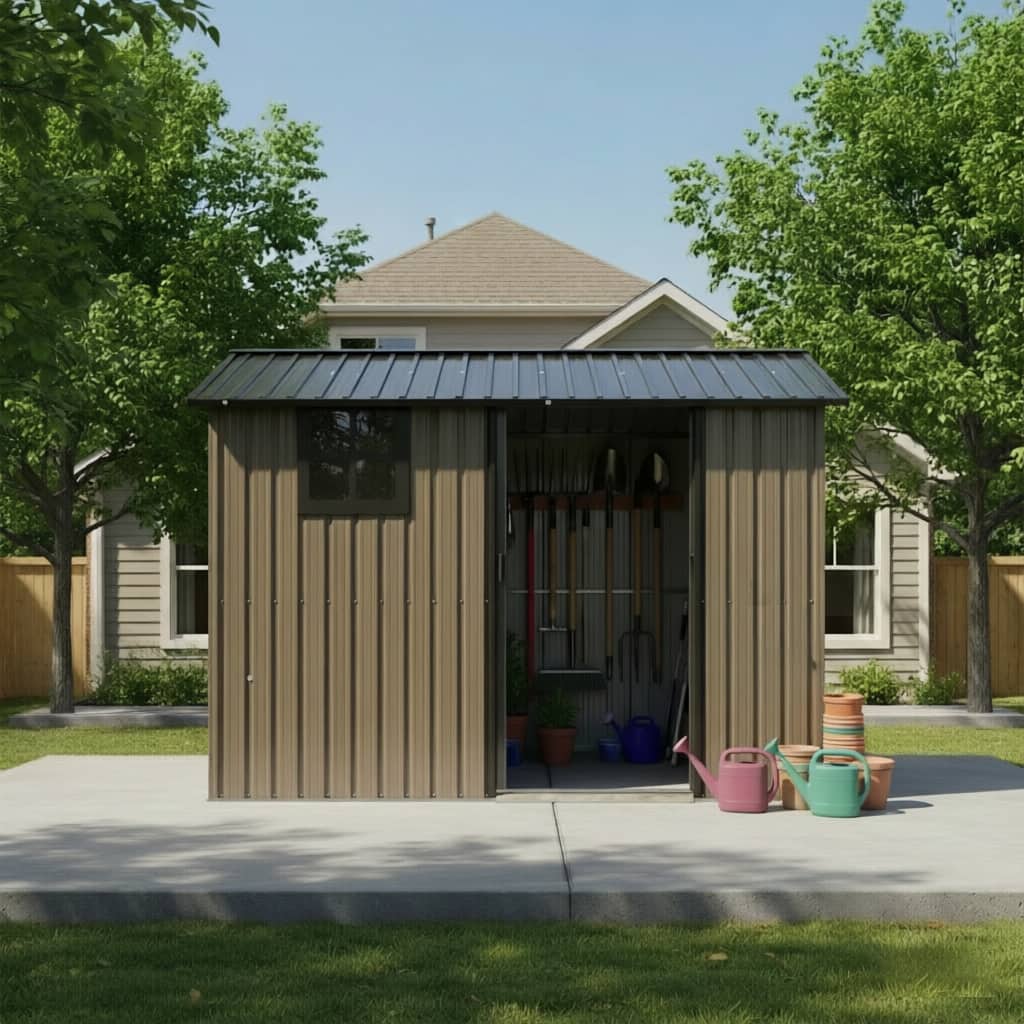 Loheer - 8x6 Metal Storage Shed Galvanized Steel Weatherproof Utility Shed with Sliding Door Window Brown Black