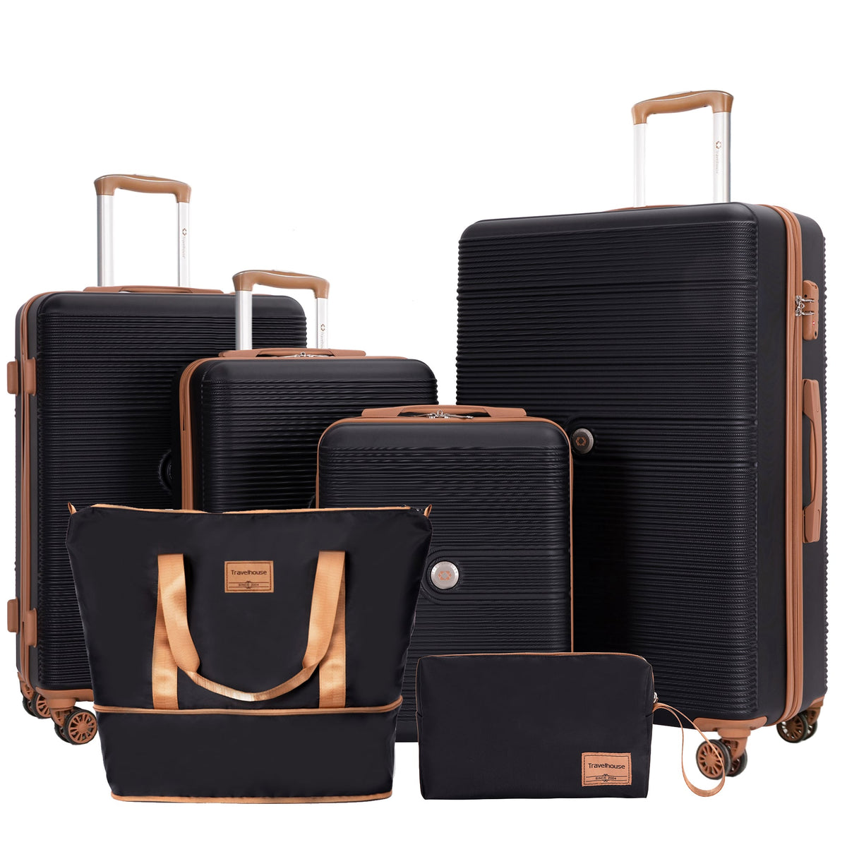 Travelhouse - 6‑Piece Hardshell Luggage Set, Striped Lightweight Suitcases with TSA Lock, 360°Spinner Wheels, Duffle & Toiletry Bags - Black