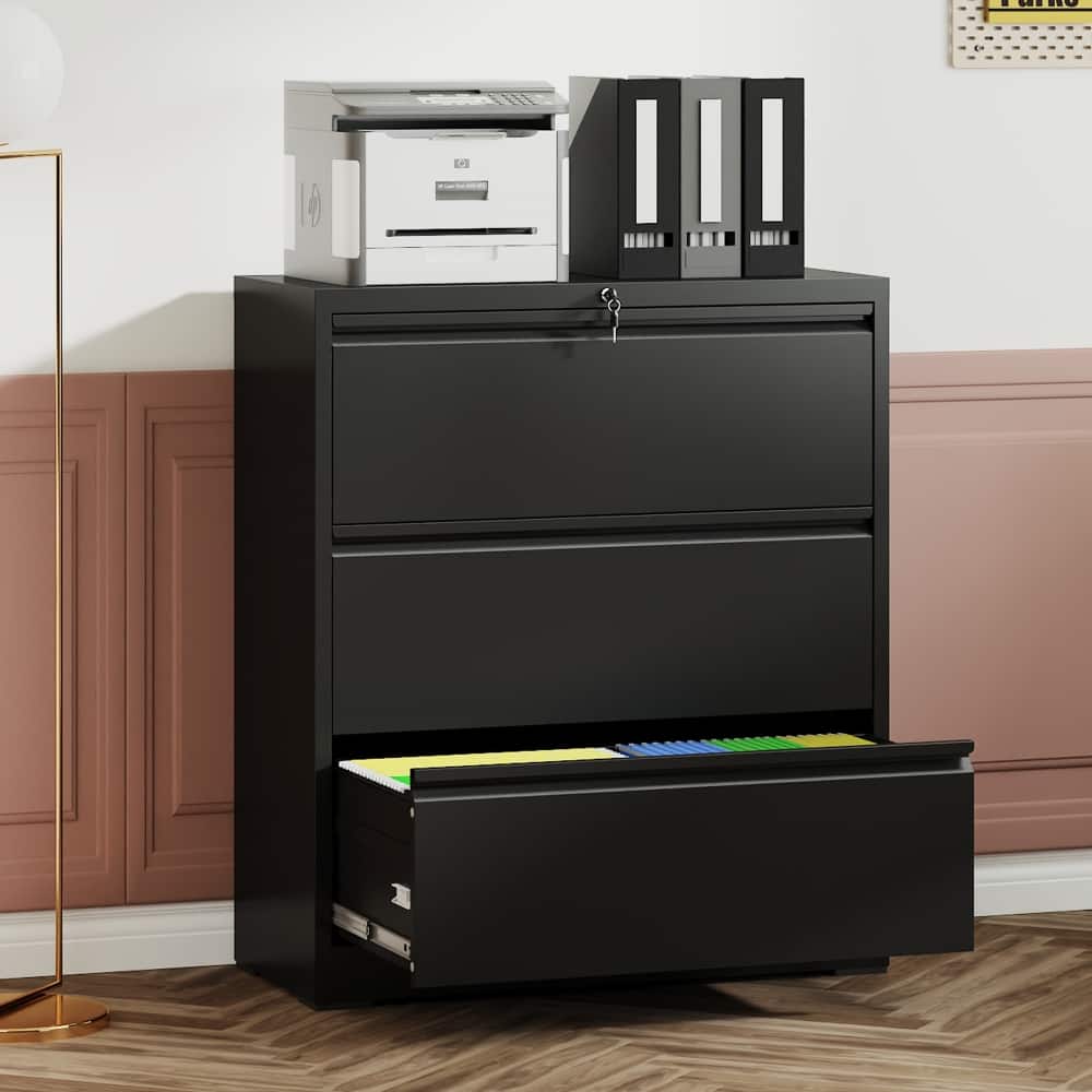 Loheer - 3 Drawer Lateral File Cabinet Heavy Duty Locking Metal Filing Cabinet Black 35.4 Inch Wide