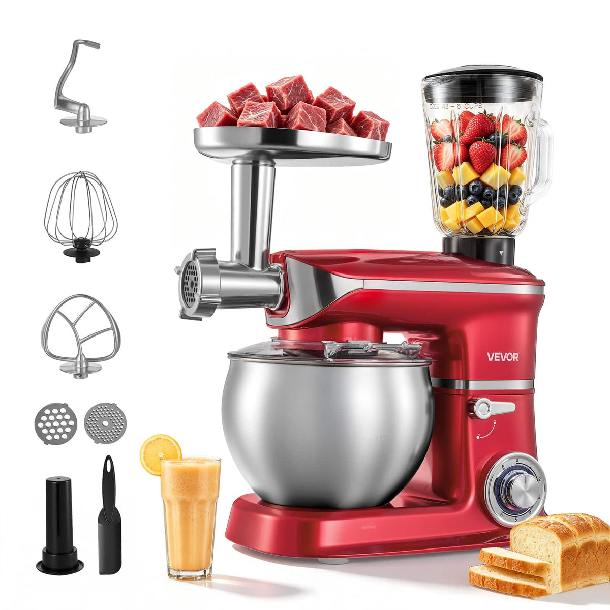 VEVOR - 6.3 Qt 3-in-1 Tilt Head Stand Mixer 400W Electric Dough Mixer, Multifunctional Food Kitchen Mixer - Red;Silver