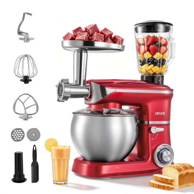 Front. VEVOR - 6.3 Qt 3-in-1 Tilt Head Stand Mixer 400W Electric Dough Mixer, Multifunctional Food Kitchen Mixer - Red;Silver.