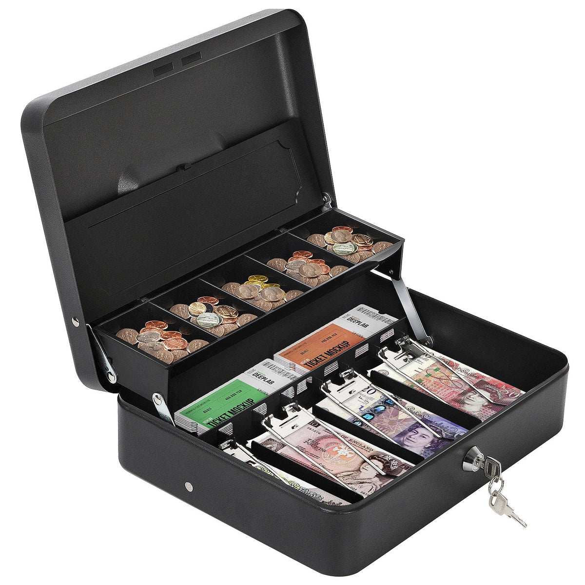 Oumilen - Lockable Metal Cash Box with Lid, Portable Money Storage Box with Coin Tray and Bill Clips