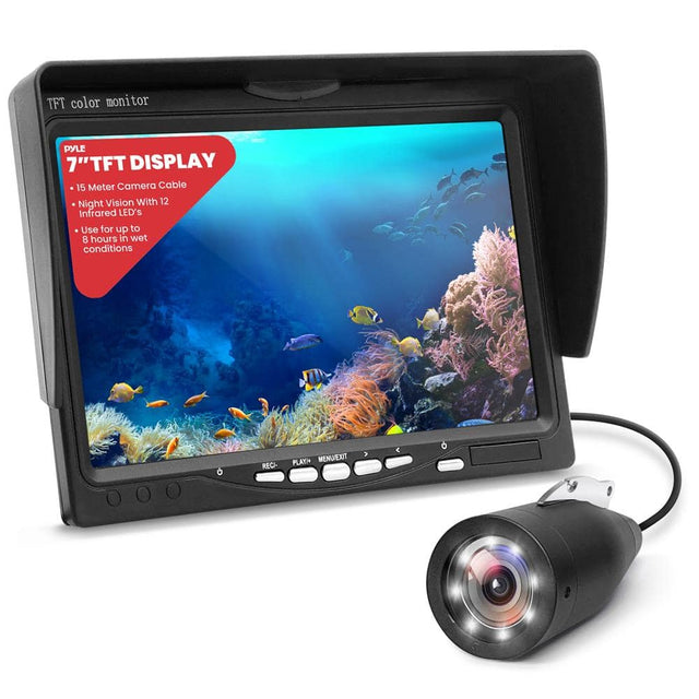 TFT color monitor for PYLE 7" TFT DISPLAY  
- 15 Meter Camera Cable  
- Night Vision With 12 Infrared LED's  
- Use for up to 8 hours in wet conditions  

RECL | PLAY | MENU/EXIT