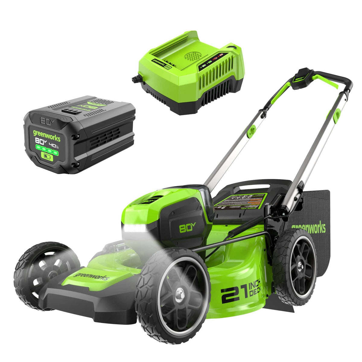 Greenworks - 80V 21" Brushless Cordless (Push) Lawn Mower, 4.0Ah Battery and Rapid Charger Included - Green