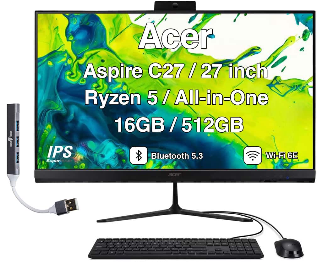 Acer - Upgraded - Aspire C27 All-in-One 27 FHD Display (Ryzen 5 7430U, 16GB, 512GB SSD, AMD Radeon, WiFi 6E, Win 11 Pro) w/USB Hub - Black