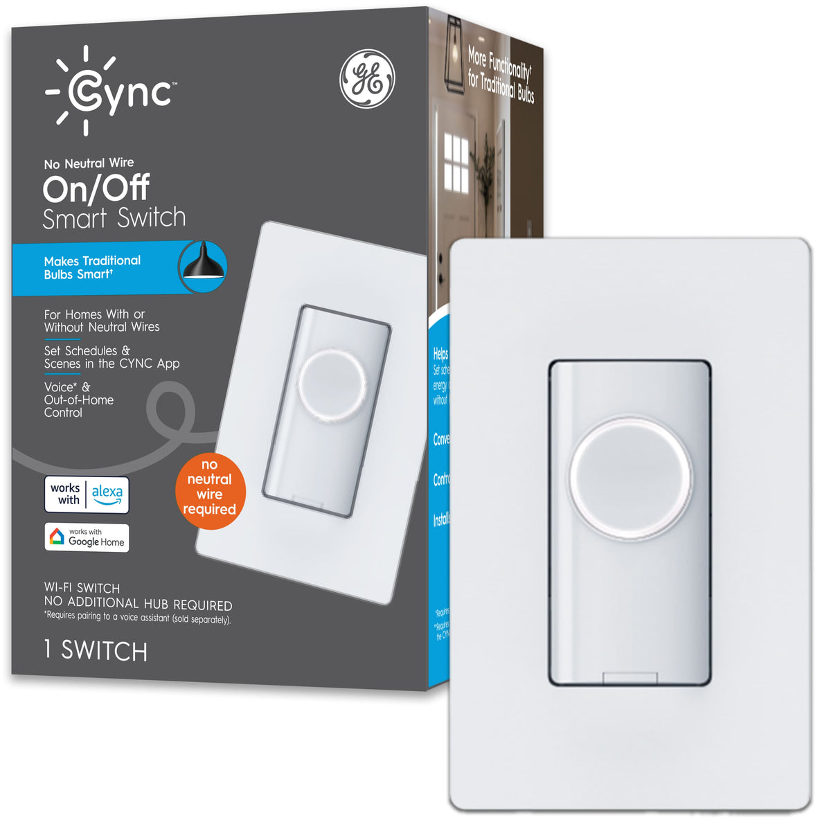 Cync - Smart Switch, On/Off Button Style, No Neutral Wire Required, Bluetooth and 2.4 GHz Wifi - White